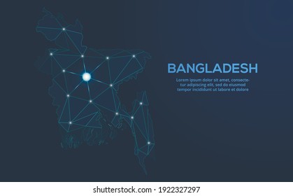 Bangladesh communication network map. Vector low poly image of a global map with lights in the form of cities. Map in the form of a constellation, mute and stars