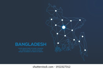 Bangladesh communication network map. Vector low poly image of a global map with lights in the form of cities. Map in the form of a constellation, mute and stars