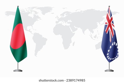 Bangladesh and Cook Islands flags for official meeting against background of world map.