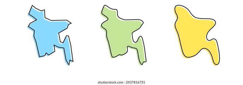 Bangladesh country black outline and colored country silhouettes in three different levels of smoothness. Simplified maps. Vector icons isolated on white background.