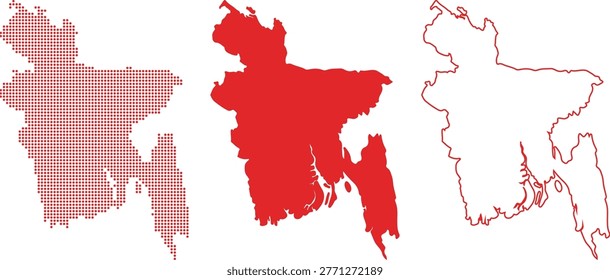 Bangladesh Country Map Dotted Solid Outline Red Vector asia territory