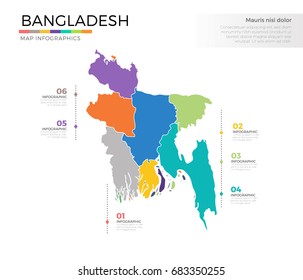Bangladesh country map infographic colored vector template with regions and pointer marks