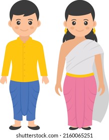 bangladesh couple standing together Concept, Man wearing yellow shirt with blue dhoti and lady wearing sari vector color icon design, World Indigenous Peoples symbol, characters in casual clothes Sign