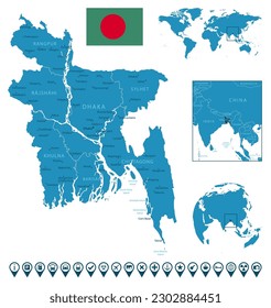 Bangladesh - detailed blue country map with cities, regions, location on world map and globe. Infographic icons. Vector illustration