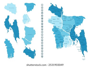 Bangladesh - detailed map of the country in blue colors, divided into regions. Infographic icons. Vector illustration.