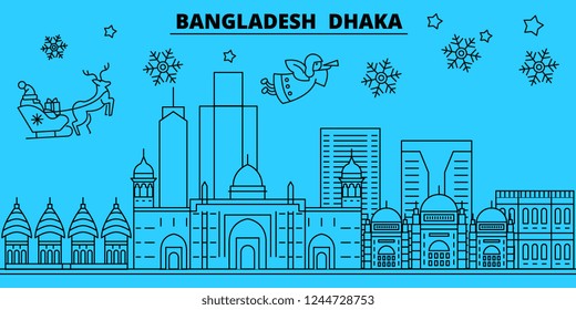 Bangladesh, Dhaka winter holidays skyline. Merry Christmas, Happy New Year decorated banner with Santa Claus.Flat, outline vector.Bangladesh, Dhaka linear christmas city illustration