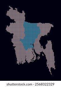 Bangladesh dotted map. Digital style map of the country on dark background. Bangladesh shape with square dots. Colored dots style. Small size squares. Vibrant vector illustration.