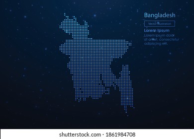 Bangladesh dotted map in futuristic style, glowing outline made of stars lines dots. Communication, internet technologies concept on dark blue space background. Vector illustration.