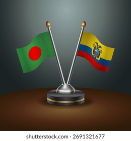 Tischfahnen aus Bangladesch und Ecuador mit Farbverlauf-Hintergrund. Vektorgrafik