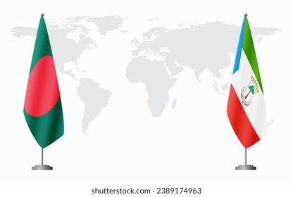 Bangladesh and Equatorial Guinea flags for official meeting against background of world map.