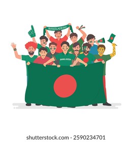 Bangladesh fans are cheering for their team. A group of people supports athletes. Vector illustration