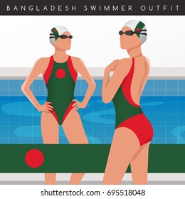 Bangladesh : Female Swimmers : Swimmers in National Swimsuits : Vector Illustration