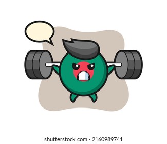 bangladesh flag badge mascot cartoon with a barbell , cute style design for t shirt, sticker, logo element