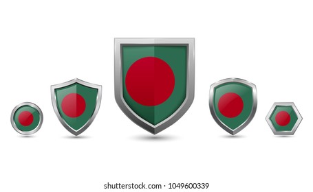 Bangladesh flag badges with different silver shape shield, circle and hexagon
