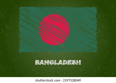 Bangladesh flag with chalk effect on green chalkboard, hand drawing country flag concept, green blackboard with Bangladesh flag, chalk texture, flag for kids, classroom material