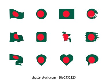 Bandera de Bangladesh - colección plana. Banderas de diferentes formas doce iconos planos. Conjunto de ilustraciones de vector