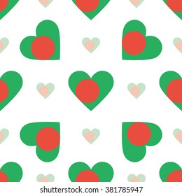 Bangladesh flag heart seamless pattern. Patriotic Bangladesh flag background. Country flag in the shape of heart. Vector seamless pattern.