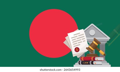 Bandeira de Bangladesh com conceito de juiz martelo, corrupção ou injustiça, ultraje público em Bangladesh, ideia de decisão internacional, lei ou resultado legal, julgamento em tribunal civil, faixa de notícias