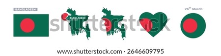 bangladesh flag and map set. bangladesh flag in official colors and proportions. independence day 26 march, map, circle and heart shaped bangladesh