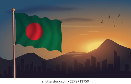 Bangladesh flag with mountains and morning sun in the background