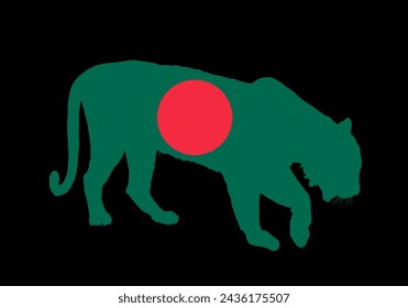 Bangladesh flag over tiger national animal symbol vector silhouette illustration isolated on black background. Big wild cat. Silent predator. Emblem banner for souvenir. Country in Asia symbol shape.