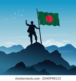 Bangladesh Flag raised on a mountain peak with clear sky in the background, vector illustration