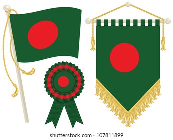 bangladesh flag, rosette and pennant, isolated on white