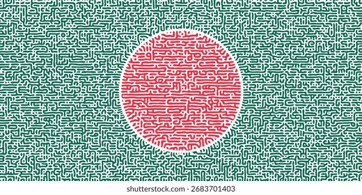 Bangladesh flag in seamless Turing diffusion pattern background in red and green with chaotic linear motion. Features abstract biological shapes and organic textures.