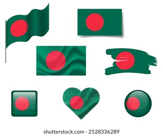 Bangladesh flag set of icons. Vector flag of Bangladesh symbol. Set of Bangladesh flags brush, button, waved, heart.