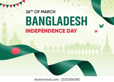 Bangladeschische Flagge auf Skyline-Hintergrund. Independence Day Concept Design Vektorgrafik.