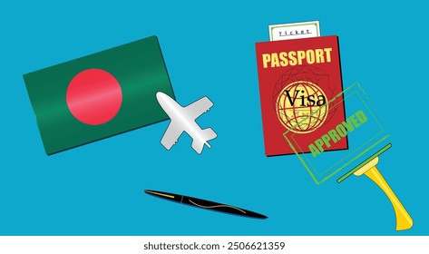 Bangladesh flag with white plane icon. Passport with visa approved stamp. Black stylish Pen. Bangladeshi Travel poster. Editable vector EPS available