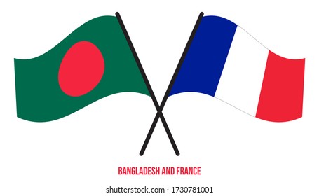 Bangladesh and France Flags Crossed And Waving Flat Style. Official Proportion. Correct Colors.