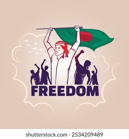 Libertad en Bangladesh 16 de diciembre, 26 de marzo, luchadores por la libertad levanten la mano y la bandera.