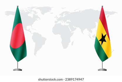 Bangladesh and Ghana flags for official meeting against background of world map.
