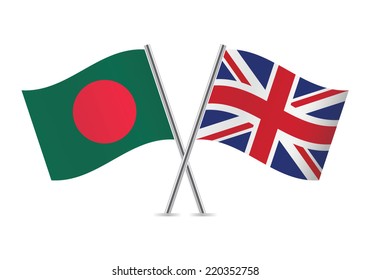 Bangladesh and Great Britain crossed flags. Bangladeshi and British flags on white background. Vector icon set. Vector illustration.