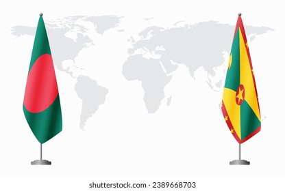 Bangladesh and Grenada flags for official meeting against background of world map.