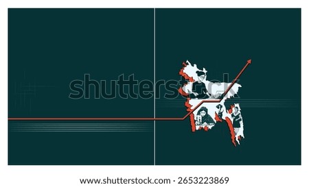 Bangladesh growth editorial spread vector illustration. Modern design with map, arrow, and progress theme, perfect for magazine covers, reports, presentations, web, digital projects.