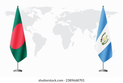 Bangladesh and Guatemala flags for official meeting against background of world map.