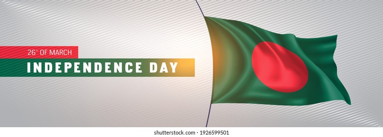 Bangladesh happy independence day greeting card, banner vector illustration. Bangladeshi national holiday 26th of March design element with 3D waving flag on flagpole