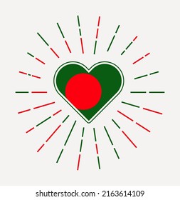 Bangladesh heart with flag of the country. Sunburst around Bangladesh heart sign. Vector illustration.