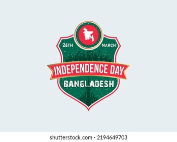 Bangladesh Independence Day. March 26th and Bangladeshi map vectors on the shield.