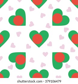 Bangladesh independence day seamless pattern. Patriotic country flag background. Bangladesh flag in the shape of heart. Vector seamless pattern.