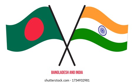Bangladesh and India Flags Crossed And Waving Flat Style. Official Proportion. Correct Colors.