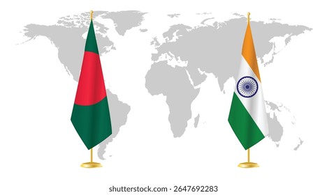 Bandeiras de Bangladesh e da Índia no fundo do mapa do mundo. Simbólico de relações diplomáticas, unidade e parceria com o Sul da Ásia. Design de conceito internacional renderizado em 3D.