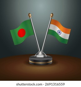 Tischfahnen aus Bangladesch und Indien mit Farbverlauf-Hintergrund. Vektorgrafik