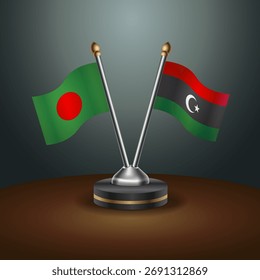 Tischfahnen aus Bangladesch und Libyen mit Farbverlauf-Hintergrund. Vektorgrafik