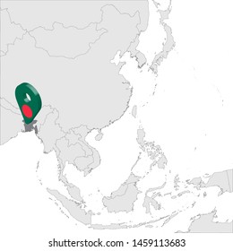 Bangladesh Location Map on map Asia. 3d Bangladesh flag map marker location pin. High quality map of People's Republic of Bangladesh. Southeast Asia. Vector illustration EPS10.