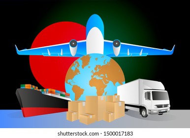 Bangladesh logistics concept illustration. National flag of Bangladesh from the back of globe, airplane, truck and cargo container ship