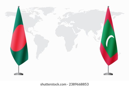 Bangladesh and Maldives flags for official meeting against background of world map.
