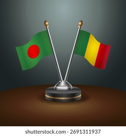 Tischfahnen aus Bangladesch und Mali mit Farbverlauf-Hintergrund. Vektorgrafik